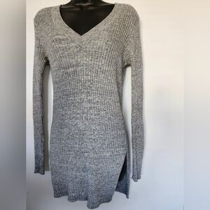 Gray Ribbed V-neck Confy Knit Sweater Dress